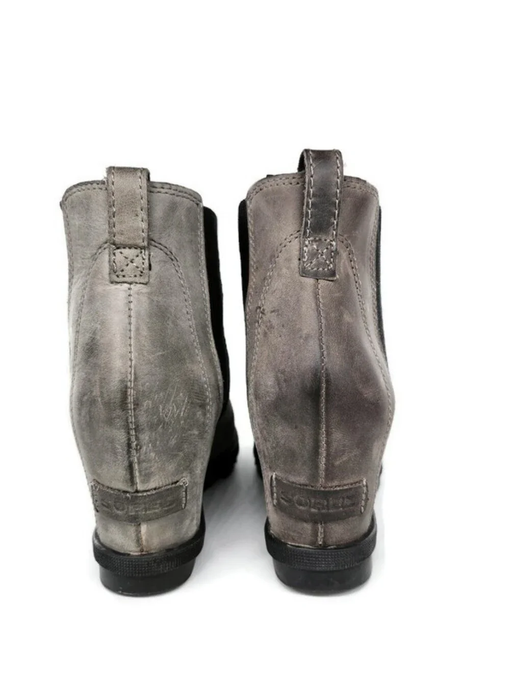 Sorel Joan of Arctic Grey Leather Waterproof Pull-On Lug-Sole Wedge Heel Boots